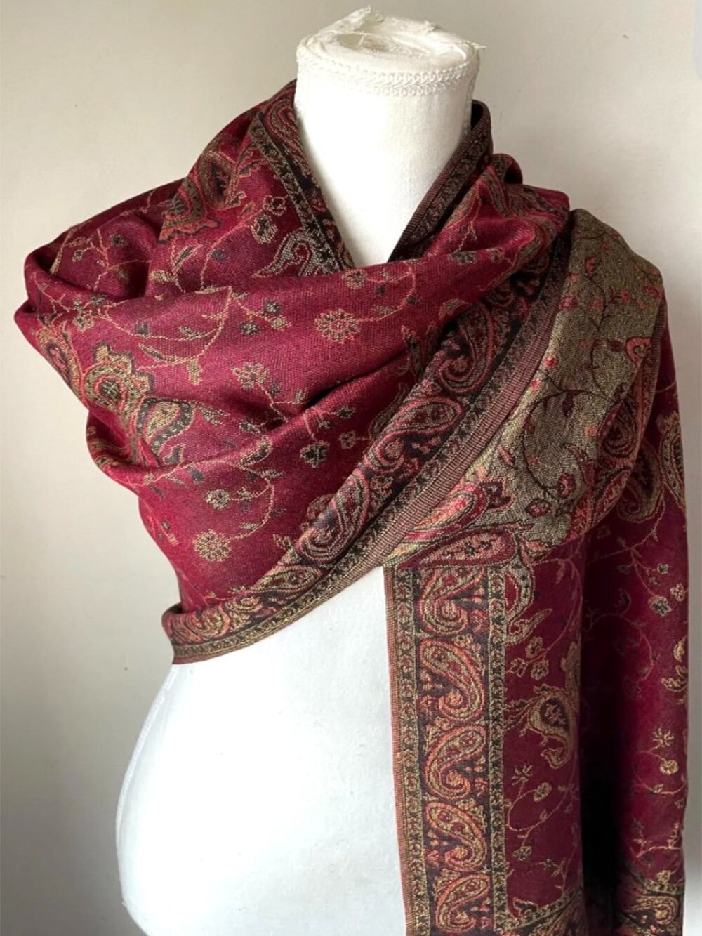 Boho Paisley Pashmina Shawl Scarf – Burgundy and Olive Green – Oversized